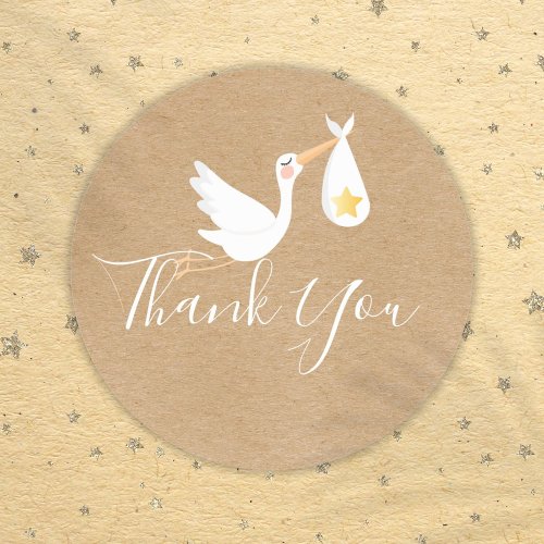 Rustic Stork Gold Star Baby Shower Thank You Classic Round Sticker