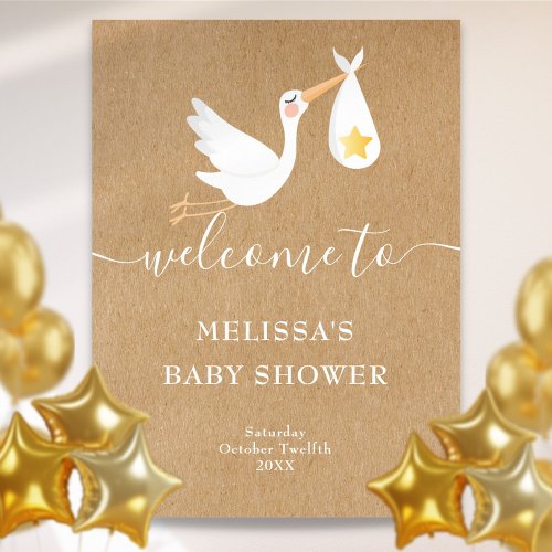 Rustic Stork Gold Star Baby Shower Welcome Sign