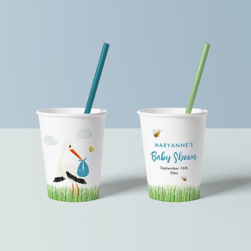 Rustic Stork with Bee  Butterfly Boy Baby Shower Paper Cups