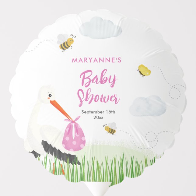 Rustic Stork with Bee & Butterfly Girl Baby Shower Balloon (Front)