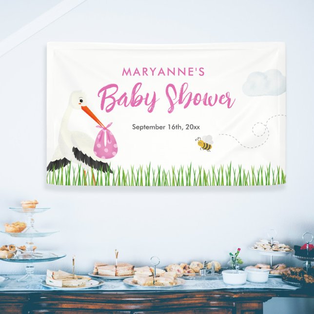 Rustic Stork with Bee & Butterfly Girl Baby Shower Banner (Cute rustic stork drawing banner for baby shower for girl)