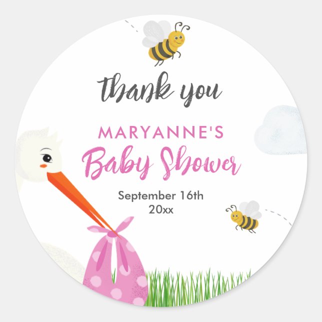 Rustic Stork with Bee & Butterfly Girl Baby Shower Classic Round Sticker (Front)