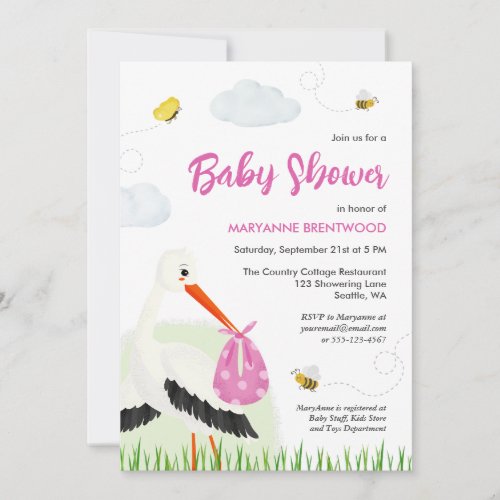 Rustic Stork with Bee  Butterfly Girl Baby Shower Invitation