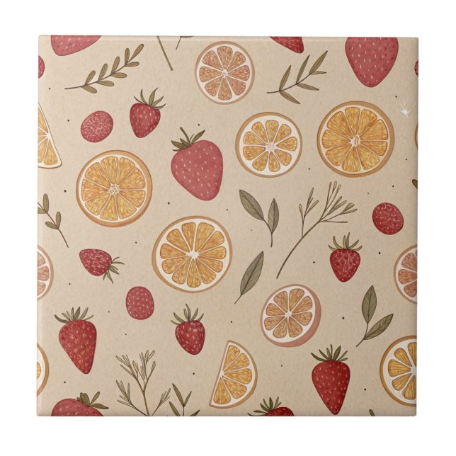 Rustic Strawberry & Citrus Earthy Pattern (5) Ceramic Tile (Front)