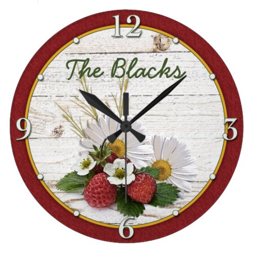 Rustic Strawberry Daisy Floral Personalized Large Clock