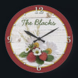 Rustic Strawberry Daisy Floral Personalized Large Clock<br><div class="desc">You can personalize the name on this rustic strawberry and daisy floral personalized wall clock.The colors are deep red, green, and white. To change the name, use the personalize option. For more extensive changes to the text, including changes to the font, font color, font size, and/or text placement, use customize...</div>