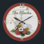 Rustic Strawberry Daisy Floral Personalized Large Clock<br><div class="desc">You can personalize the name on this rustic strawberry and daisy floral personalized wall clock.The colors are deep red, green, and white. To change the name, use the personalize option. For more extensive changes to the text, including changes to the font, font color, font size, and/or text placement, use customize...</div>