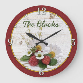 Rustic Strawberry Daisy Floral Personalized Large Clock