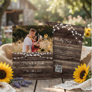 Rustic String Light Barn Wood QR Code RSVP Wedding Invitation