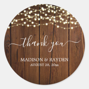 Rustic String Light Barn Wood Wedding Thank you Classic Round Sticker