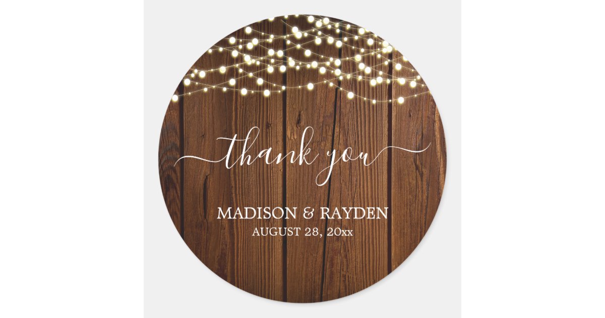 Rustic String Light Barn Wood Wedding Thank you Classic Round Sticker ...