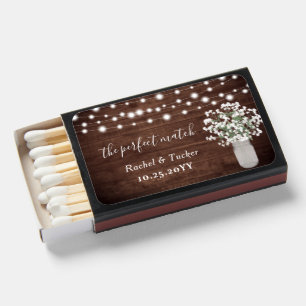 Rustic String Light Mason Jar Floral Wedding Favor Matchboxes