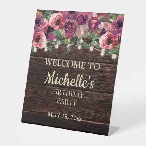 Rustic String Light Purple Floral Birthday Welcome Pedestal Sign