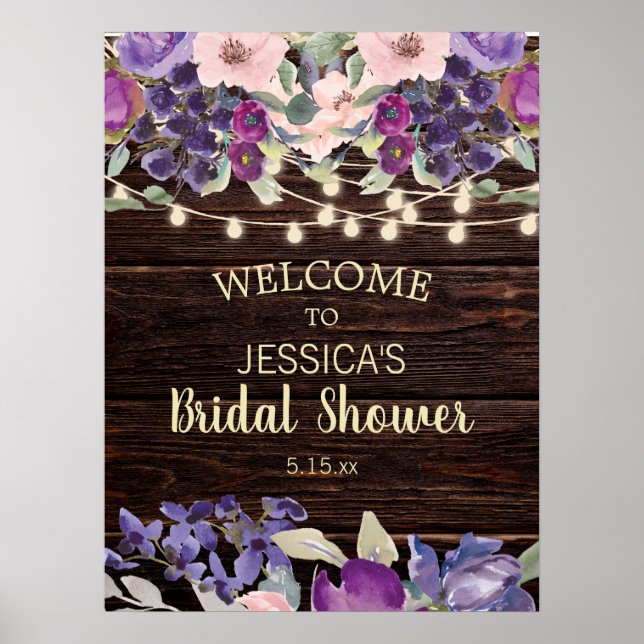 Rustic String Light Purple Floral Bridal Shower Poster (Front)