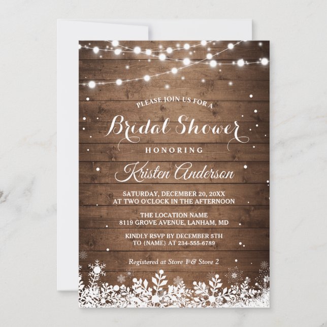 Rustic String Light Snowflake Winter Bridal Shower Invitation (Front)