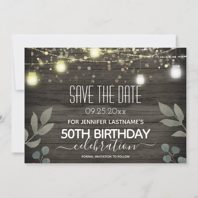 Rustic String Lights 50th Birthday save the date  Invitation (Front)