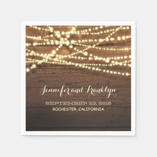 Rustic String Lights and Barn Wood Paper Napkins (Front)