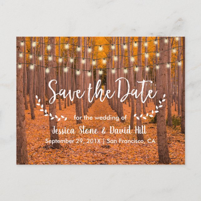 Rustic String Lights Autumn Wedding Save the Date Announcement Postcard (Front)