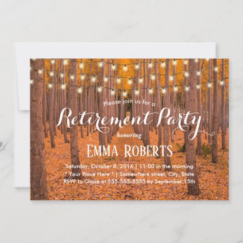 Rustic String Lights Autumn Woods Retirement Invitation