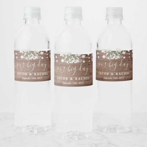 Rustic String Lights Babys Breath Wedding Water Bottle Label