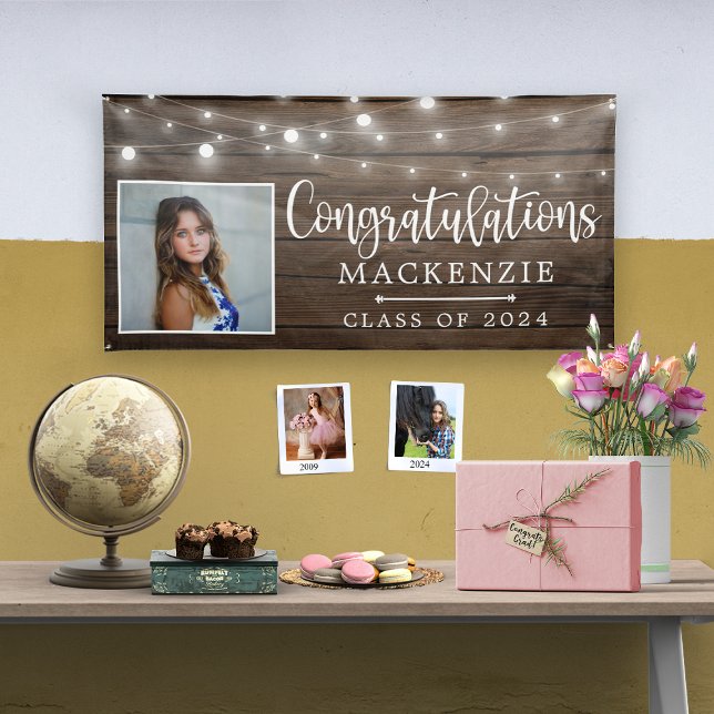 Rustic String Lights Barn Wood Graduation Photo Banner (Creator Uploaded)