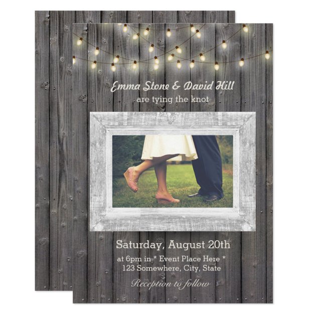 Rustic String Lights Barn Wood Photo Wedding Card