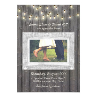 Rustic String Lights Barn Wood Photo Wedding Card