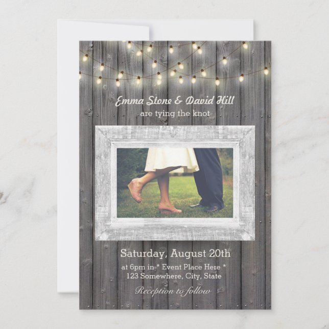 Rustic String Lights Barn Wood Photo Wedding Invitation (Front)