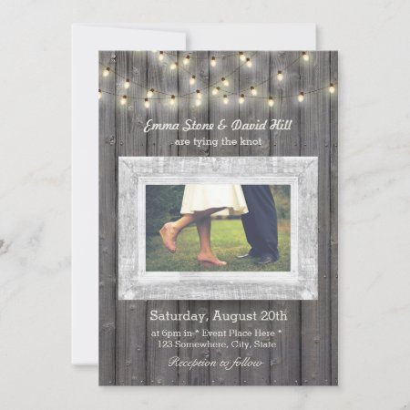 Rustic String Lights Barn Wood Photo Wedding Invitation