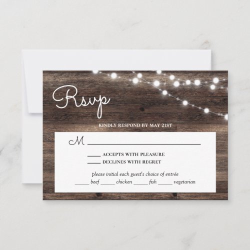Rustic String Lights Barn Wood With Meal Choice RSVP Card