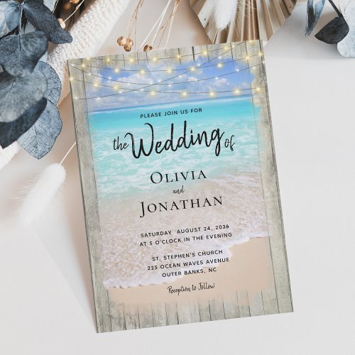 Rustic String Lights Beach Destination Wedding Invitation
