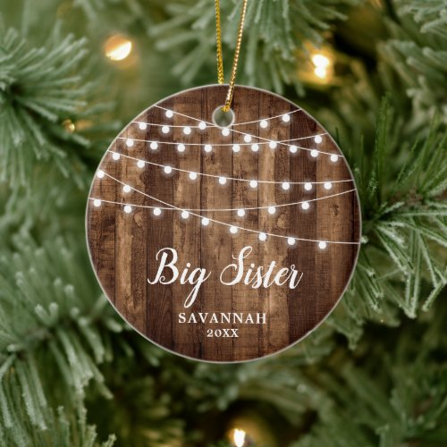 Rustic String Lights Big Sister Personalized Wood Ceramic Ornament