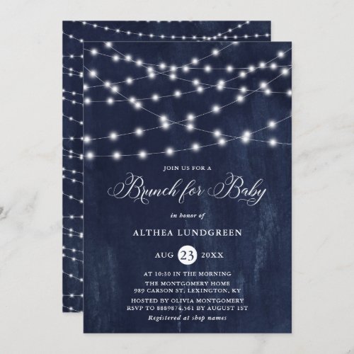 Rustic String Lights Blue Baby Shower Brunch Invitation