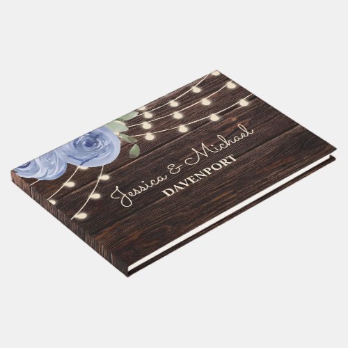 Rustic String Lights Blue Floral Wedding Guest Book