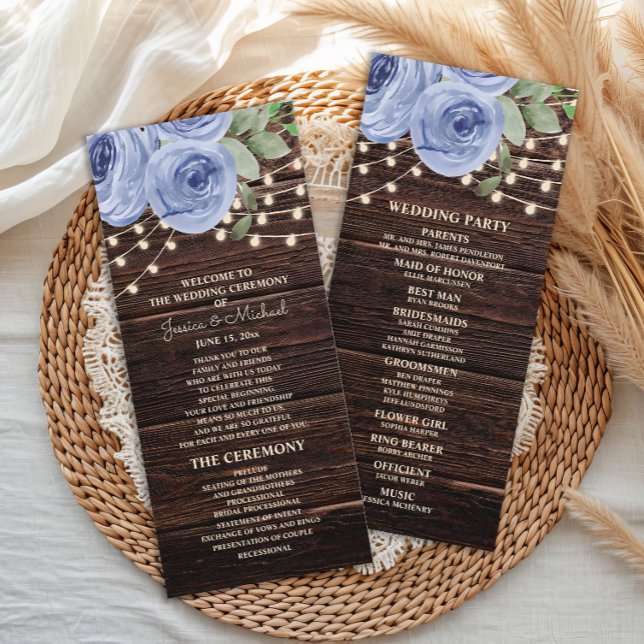 Rustic String Lights Blue Floral Wedding Program (Dusty blue watercolor floral and string lights on rustic wood wedding program)