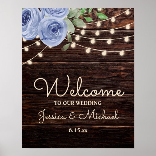 Rustic String Lights Blue Floral Wedding Welcome Poster