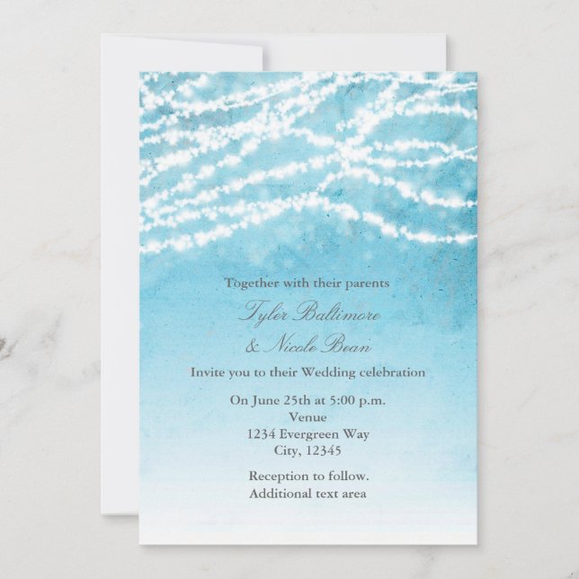 Rustic String Lights Blue Wedding Invitation (Front)