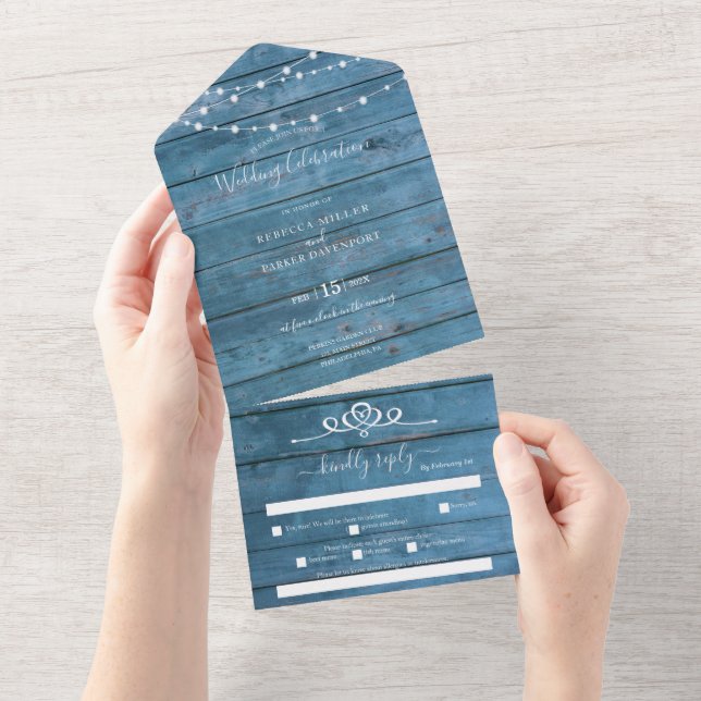 Rustic String lights blue wood Wedding all in one Invitation (Tearaway)