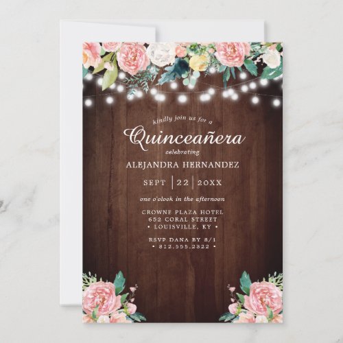 Rustic String Lights Blush Floral QuinceañEra Invitation