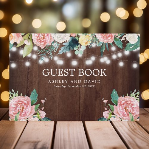 Rustic String Lights Blush Pink Floral Wedding Guest Book