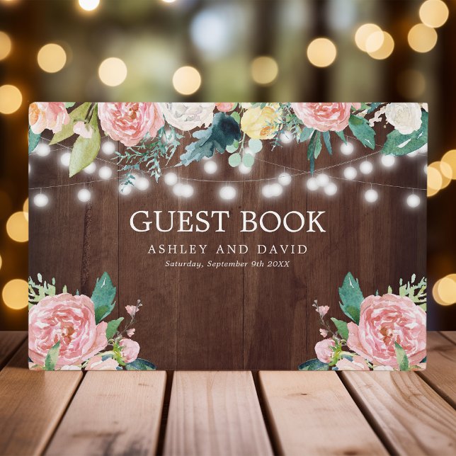 Rustic String Lights Blush Pink Floral Wedding Guest Book (Creator Uploaded)