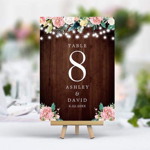 Rustic String Lights Blush Pink Floral Wedding Table Number