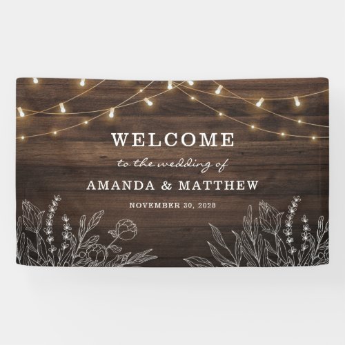 Rustic String Lights Botanical Welcome Wedding Banner