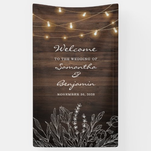 Rustic String Lights Botanical Welcome Wedding Banner