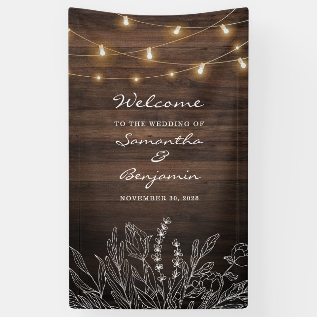 Rustic String Lights Botanical Welcome Wedding Banner (Vertical)