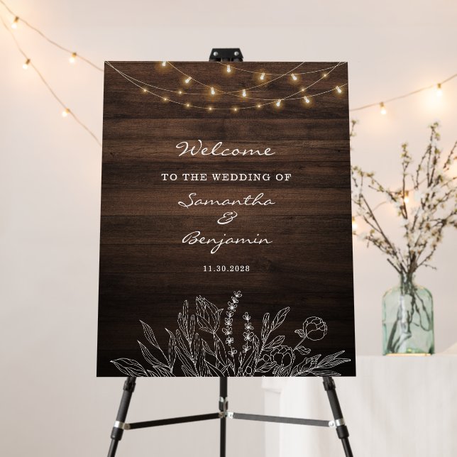 Rustic String Lights Botanical Welcome Wedding Foam Board (In Situ (Stand))