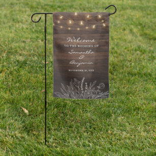 Rustic String Lights Botanical Welcome Wedding Garden Flag