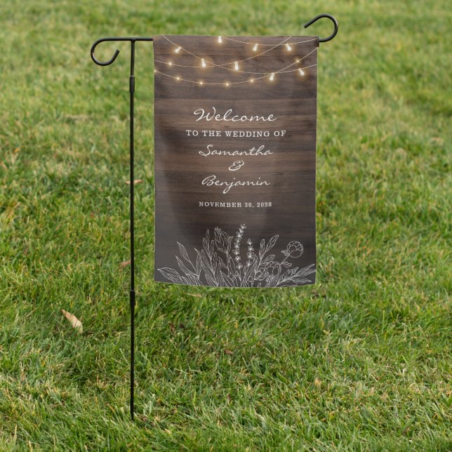 Rustic String Lights Botanical Welcome Wedding Garden Flag (In SItu)