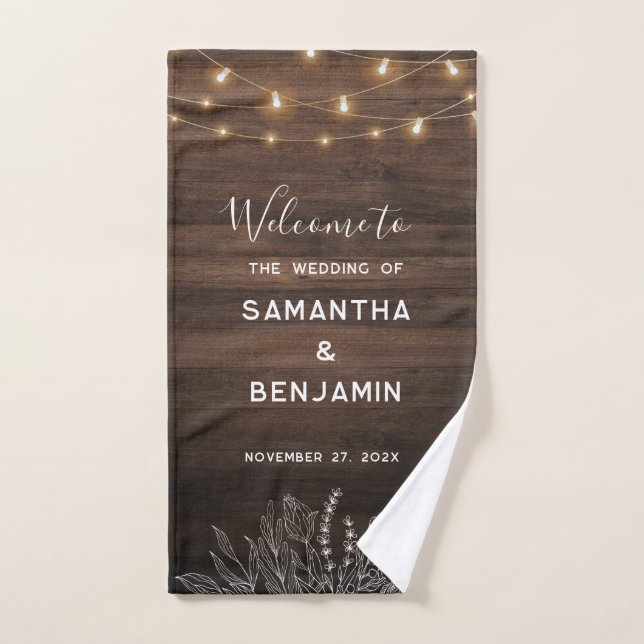 Rustic String Lights Botanical Welcome Wedding Hand Towel (Hand Towel)