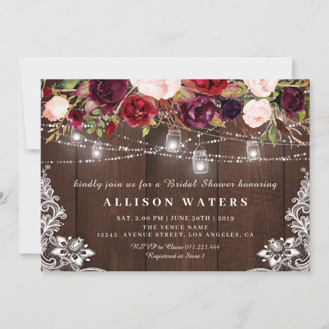 Rustic string lights bridal shower invitation (Front)